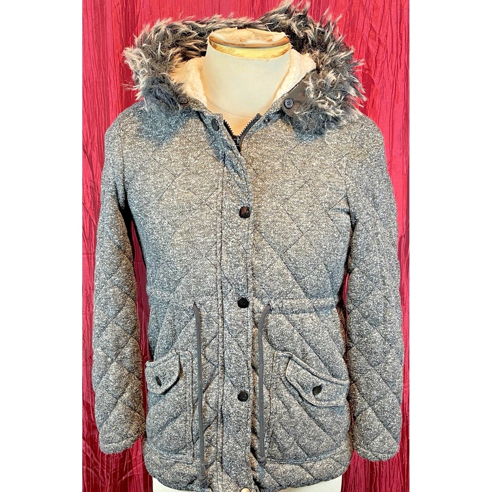 Me Jane Charcoal Quilted Hooded Berber Fleece Lined Puffer Jacket sz Sm